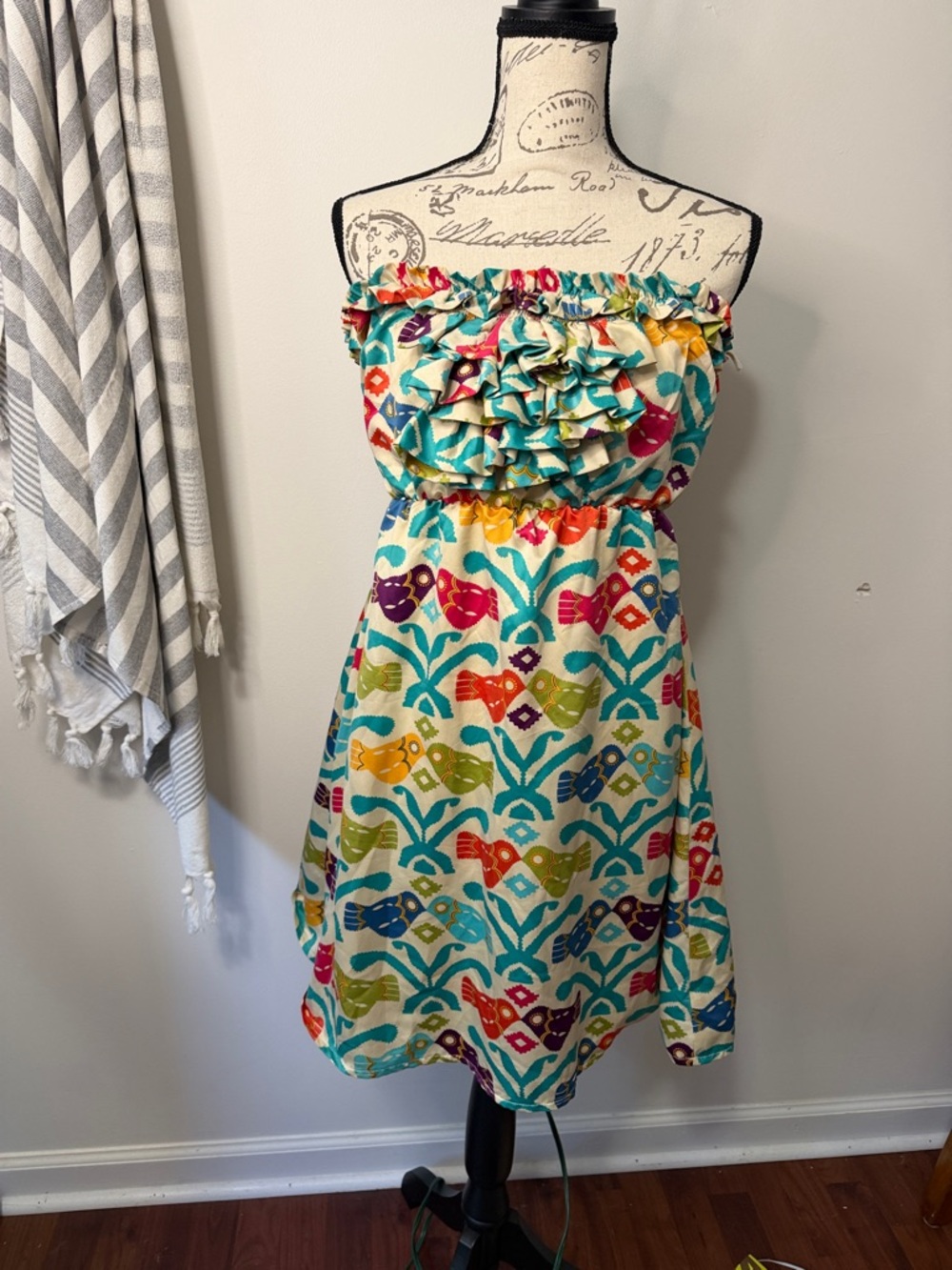 Judith March Cream Floral Strapless Dress with Aqua Trim size Large‎